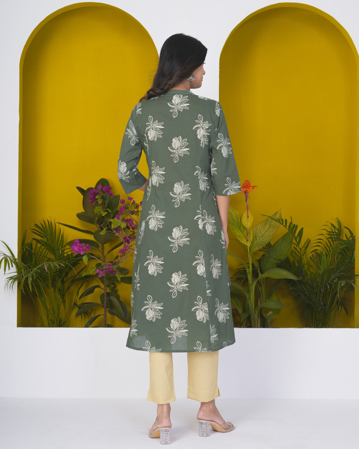 Green With White Floral Printed Cotton Kurti