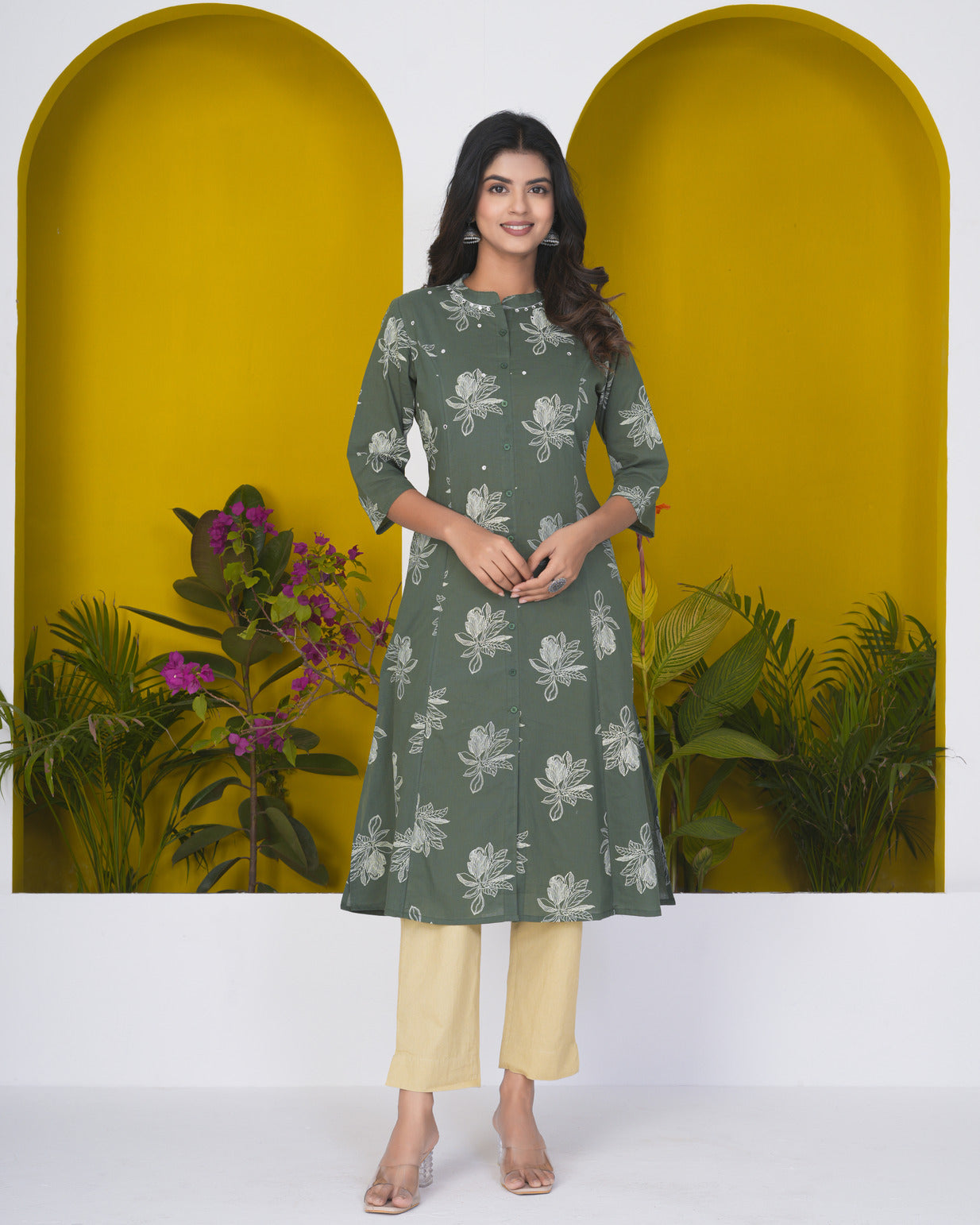 Green With White Floral Printed Cotton Kurti