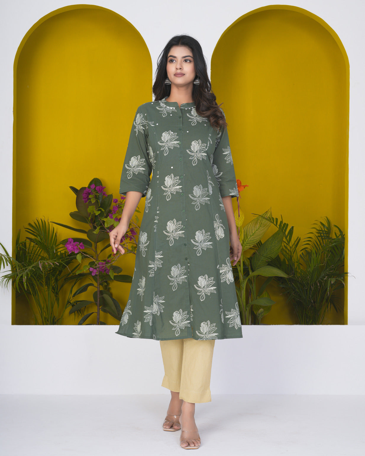 Green With White Floral Printed Cotton Kurti