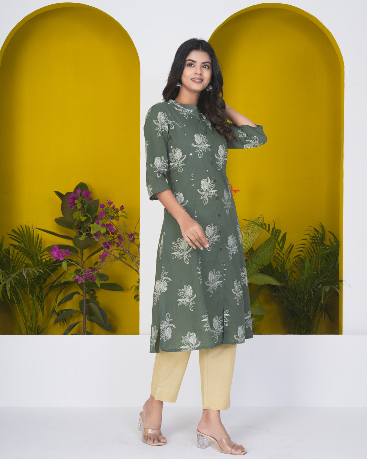 Green With White Floral Printed Cotton Kurti