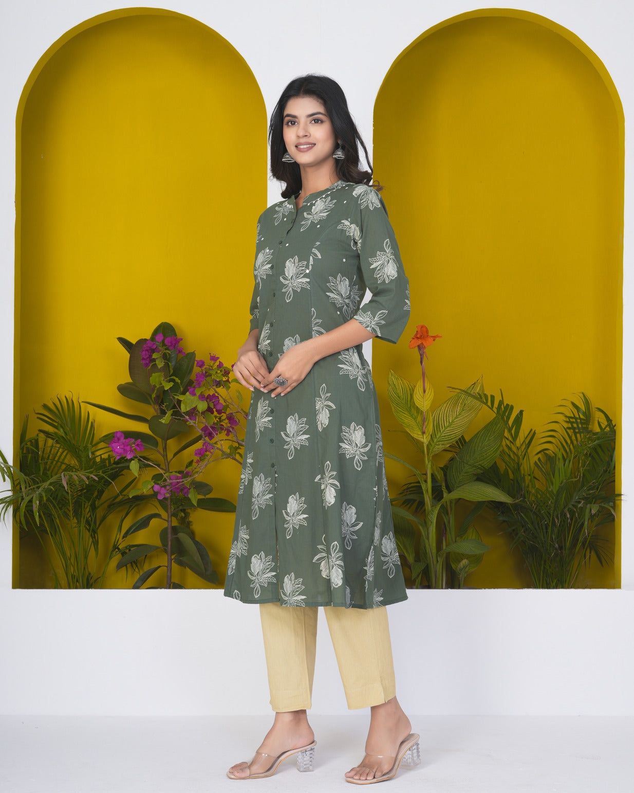 Green With White Floral Printed Cotton Kurti