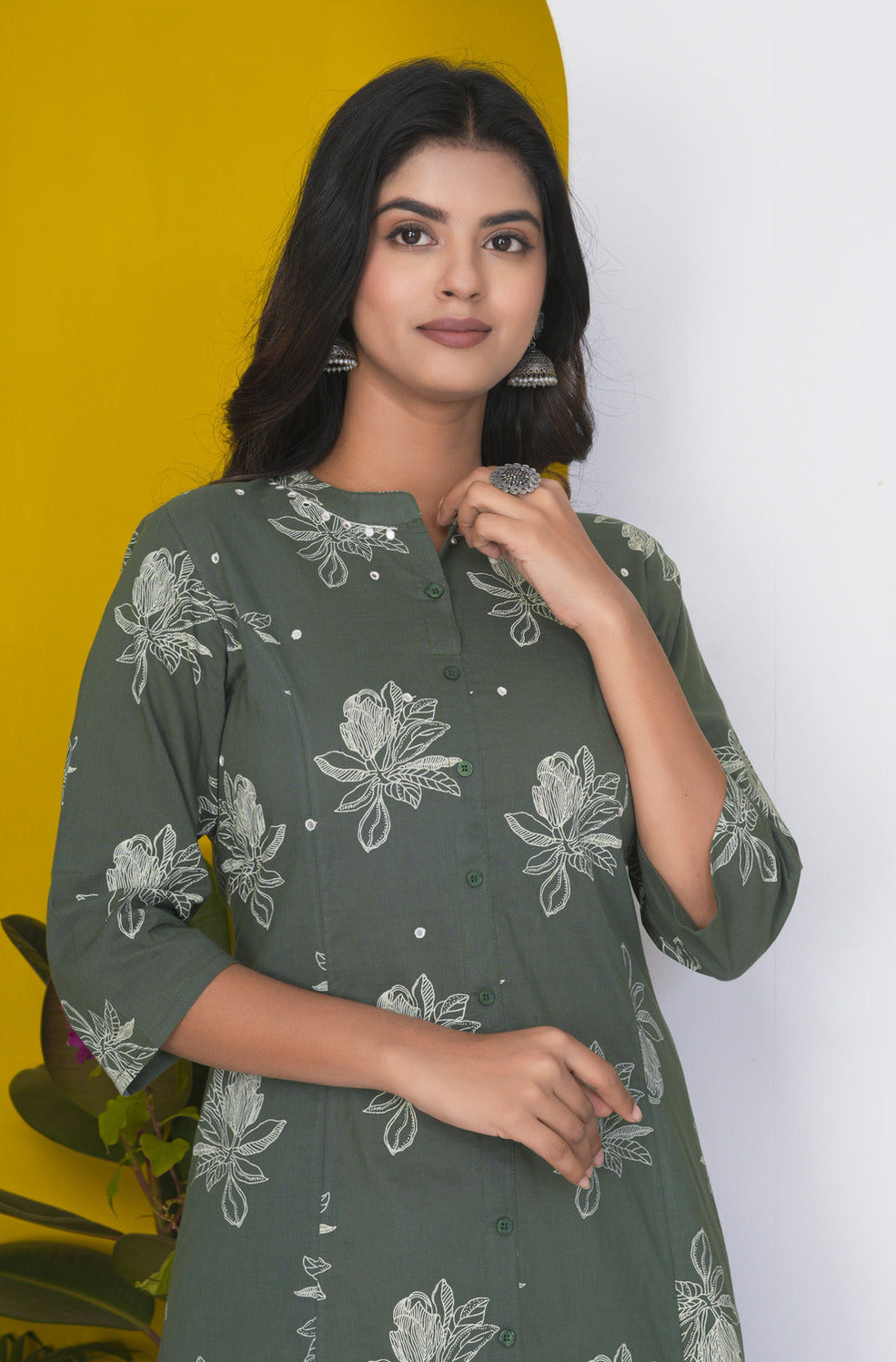 Green With White Floral Printed Cotton Kurti