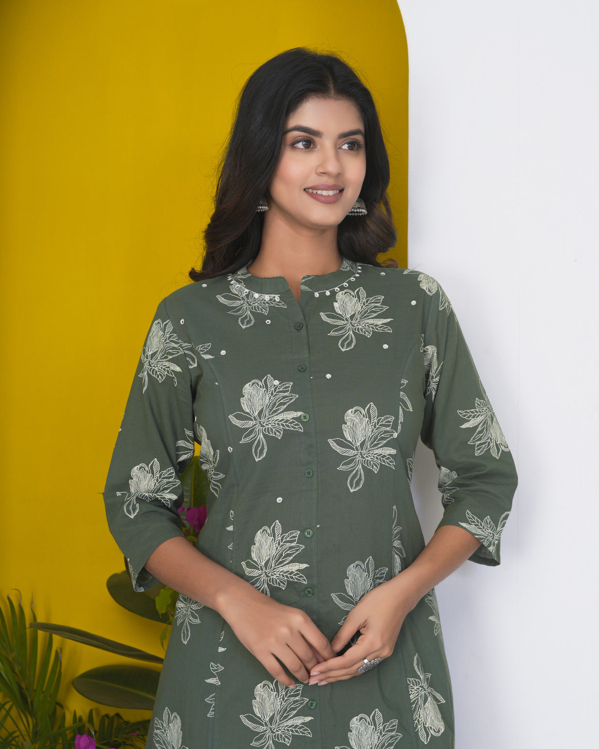 Green With White Floral Printed Cotton Kurti