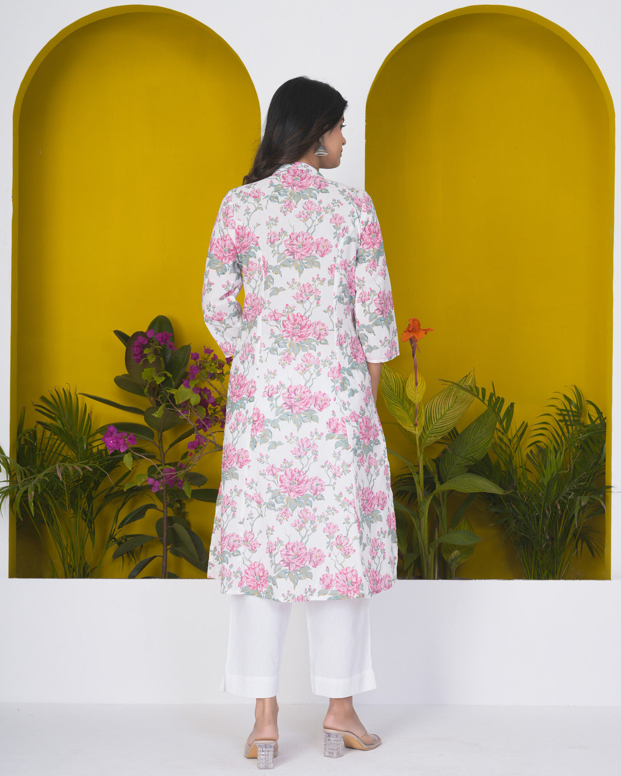 White With Pink Floral Print Cotton Kurti