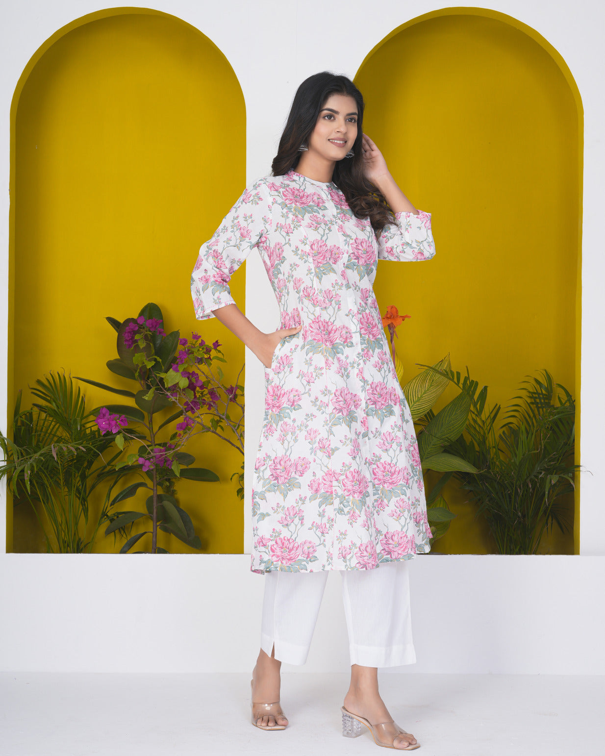 White With Pink Floral Print Cotton Kurti