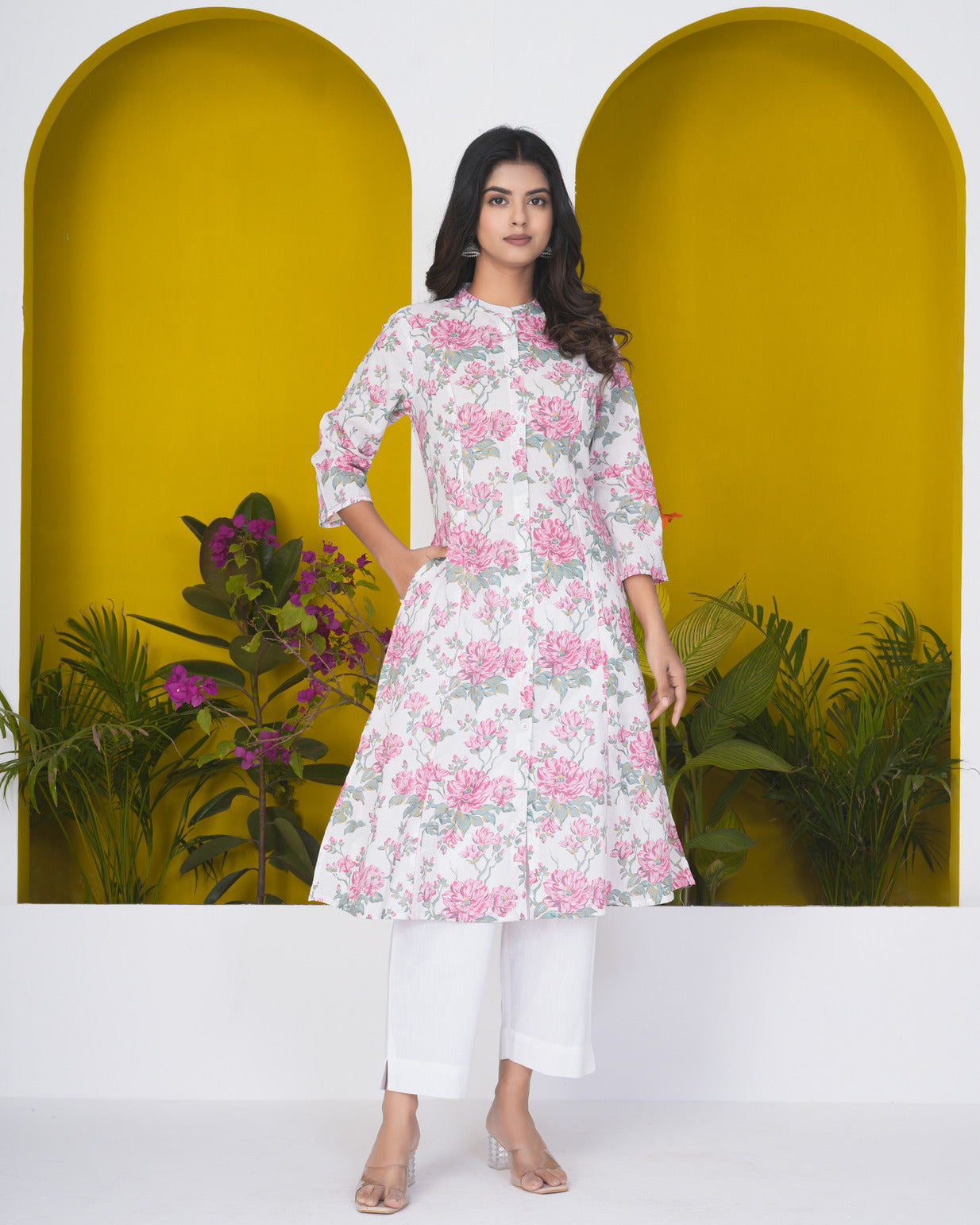 White With Pink Floral Print Cotton Kurti