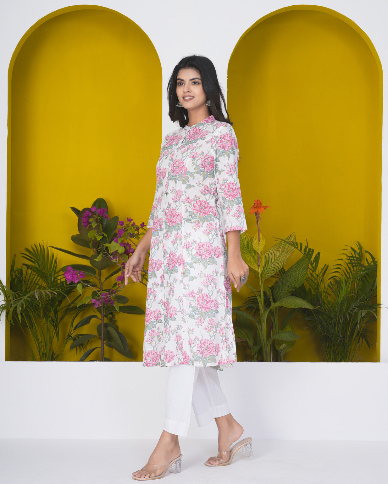 White With Pink Floral Print Cotton Kurti