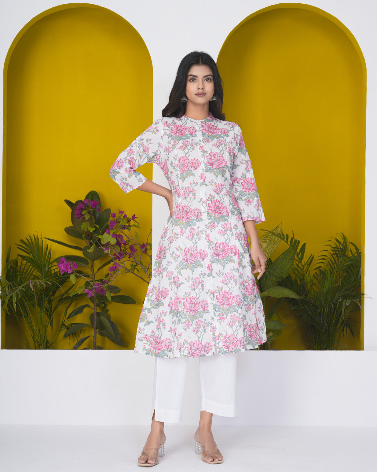 White With Pink Floral Print Cotton Kurti