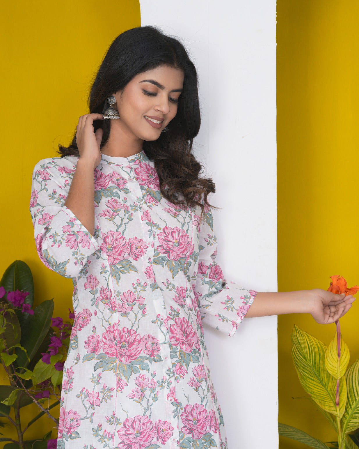 White With Pink Floral Print Cotton Kurti