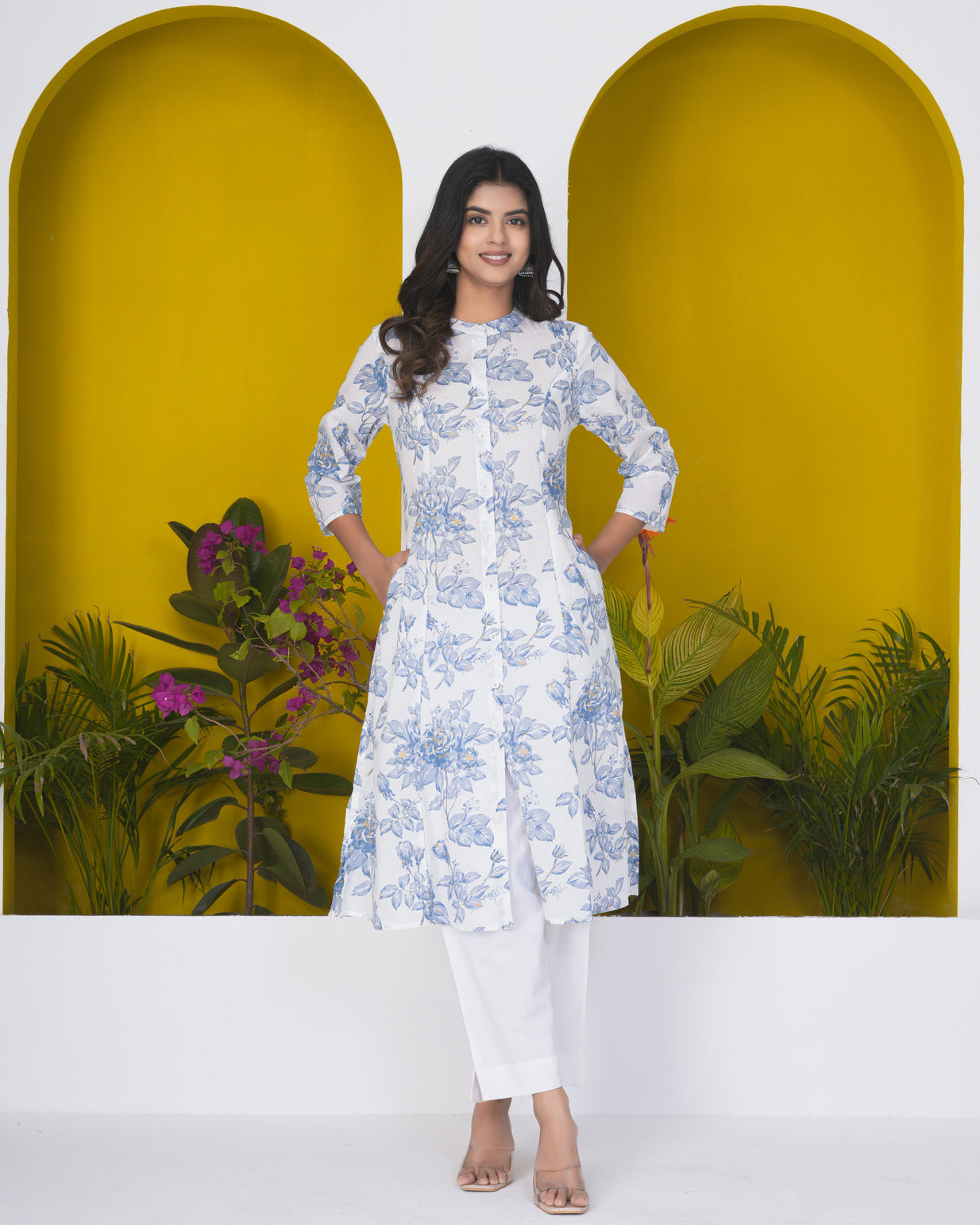 White With Grey Floral Print Cotton Kurti