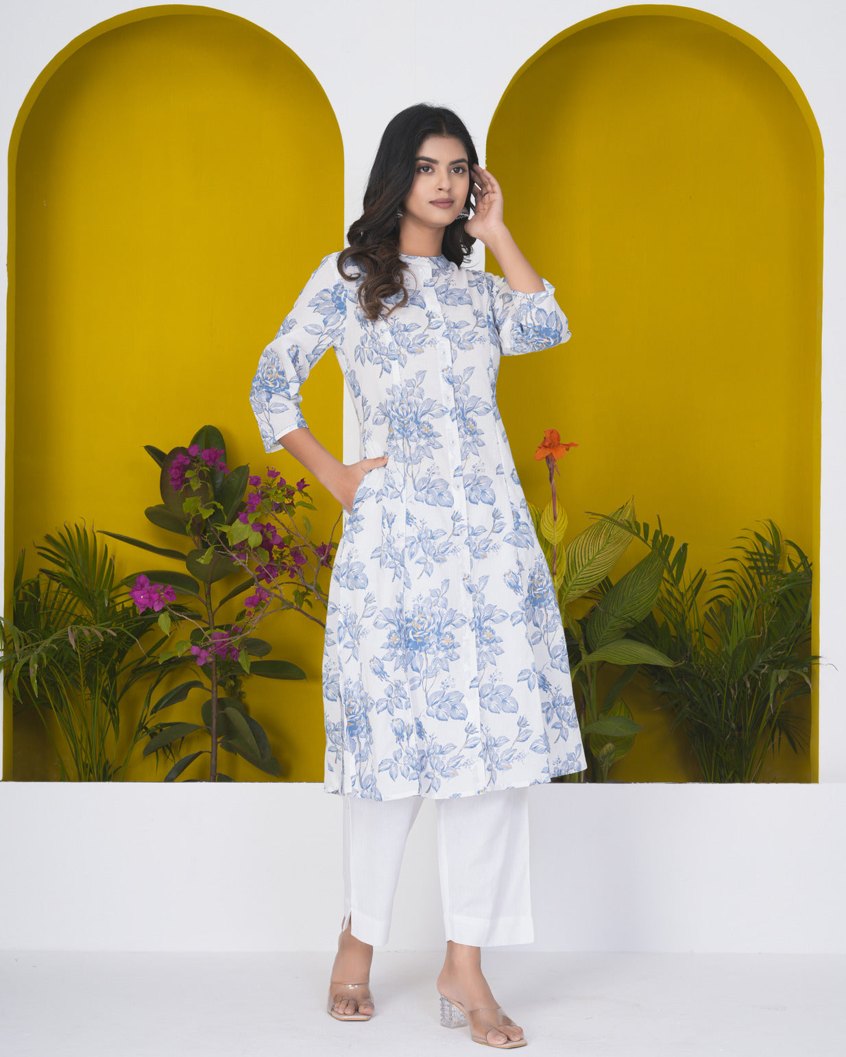 White With Grey Floral Print Cotton Kurti