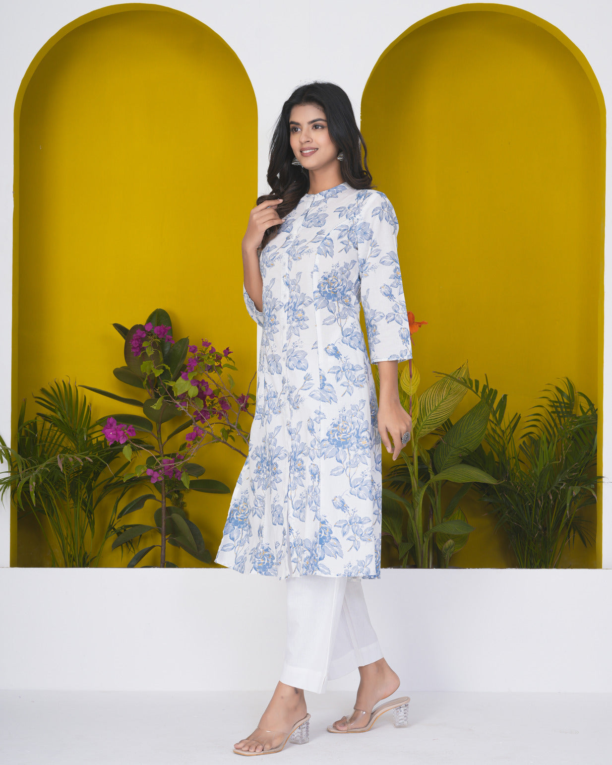 White With Grey Floral Print Cotton Kurti