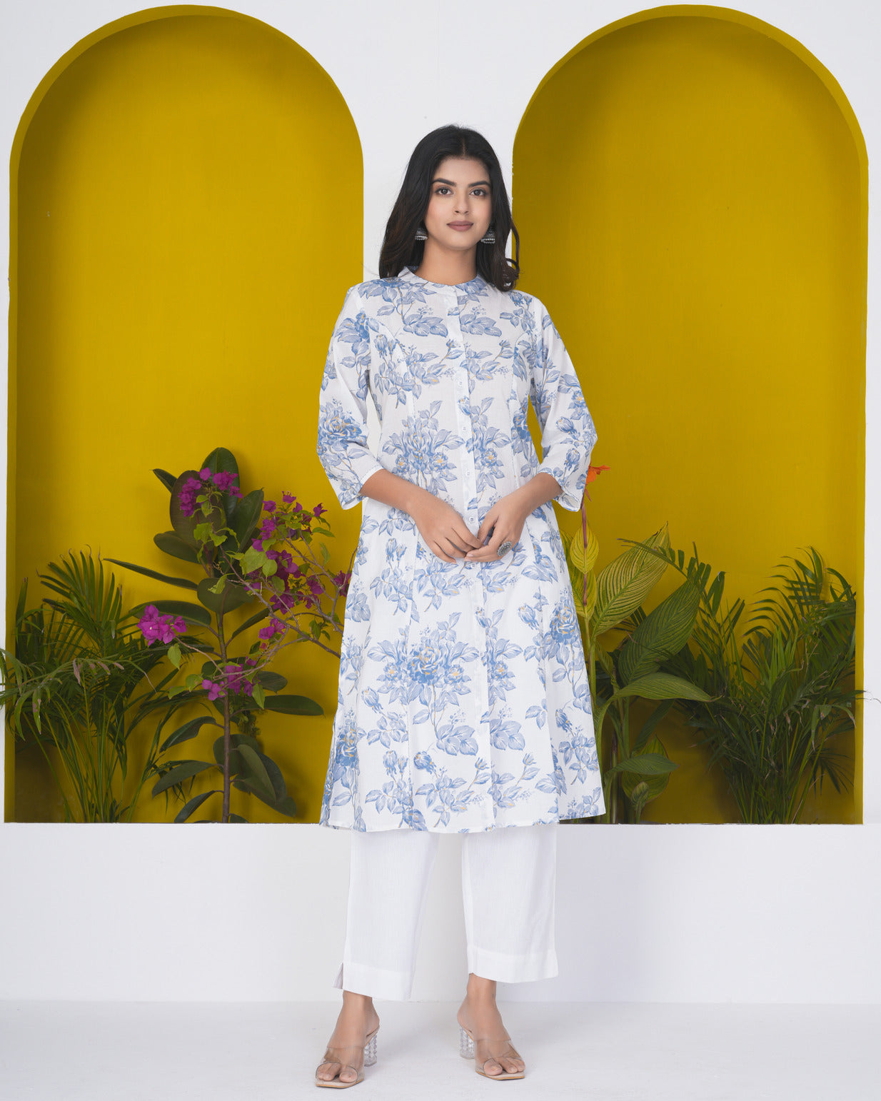 White With Grey Floral Print Cotton Kurti