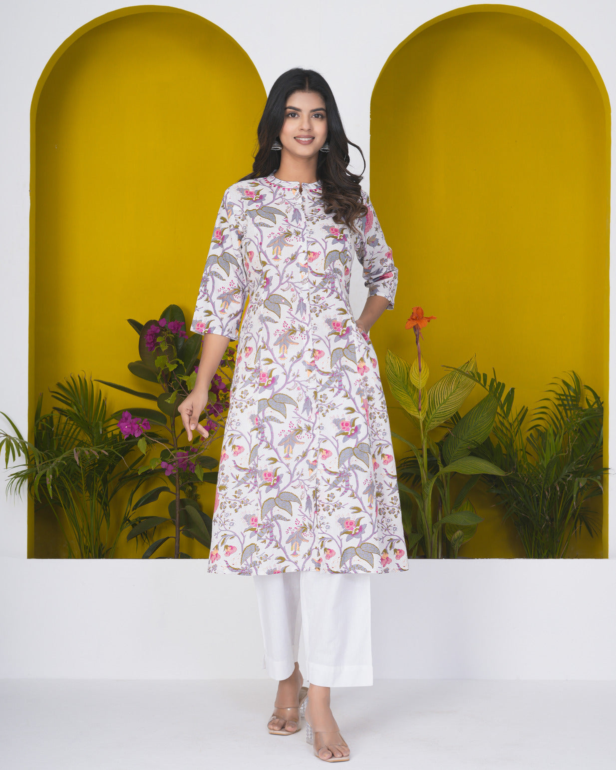 White With Floral Print Cotton Kurti