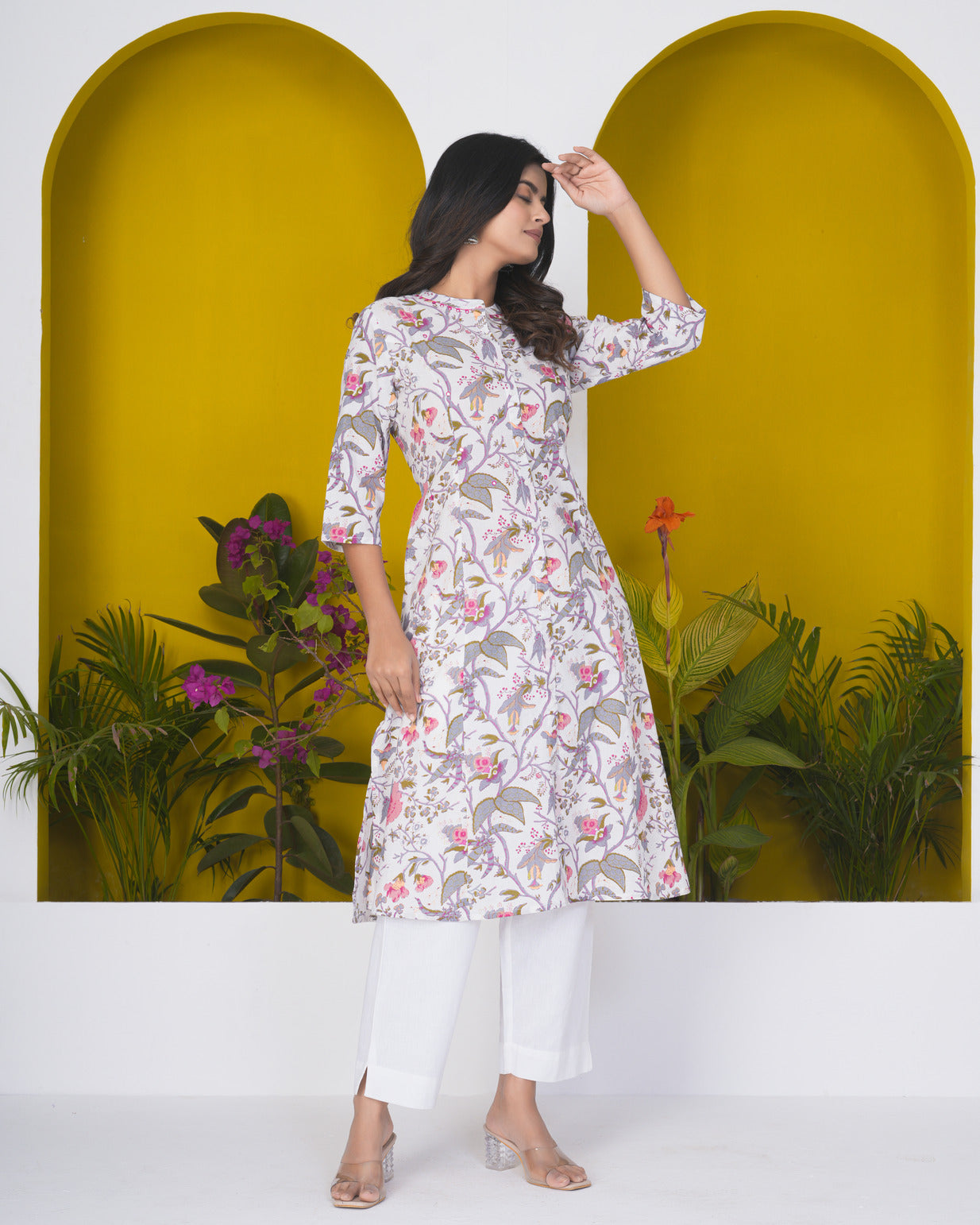 White With Floral Print Cotton Kurti