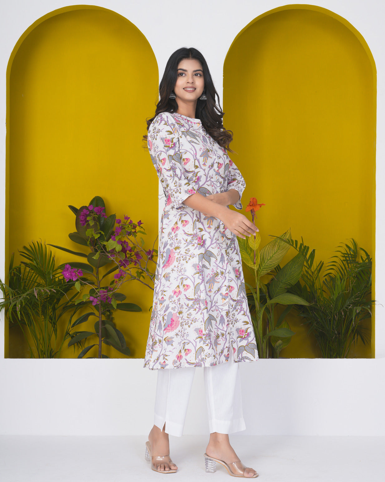 White With Floral Print Cotton Kurti