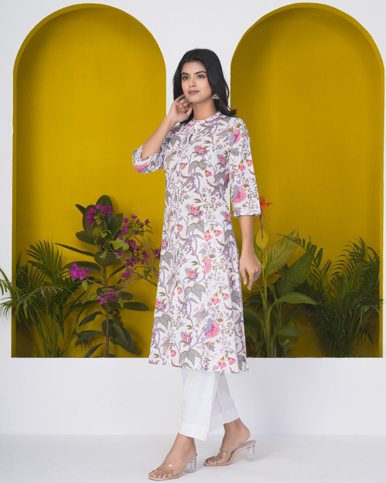 White With Floral Print Cotton Kurti