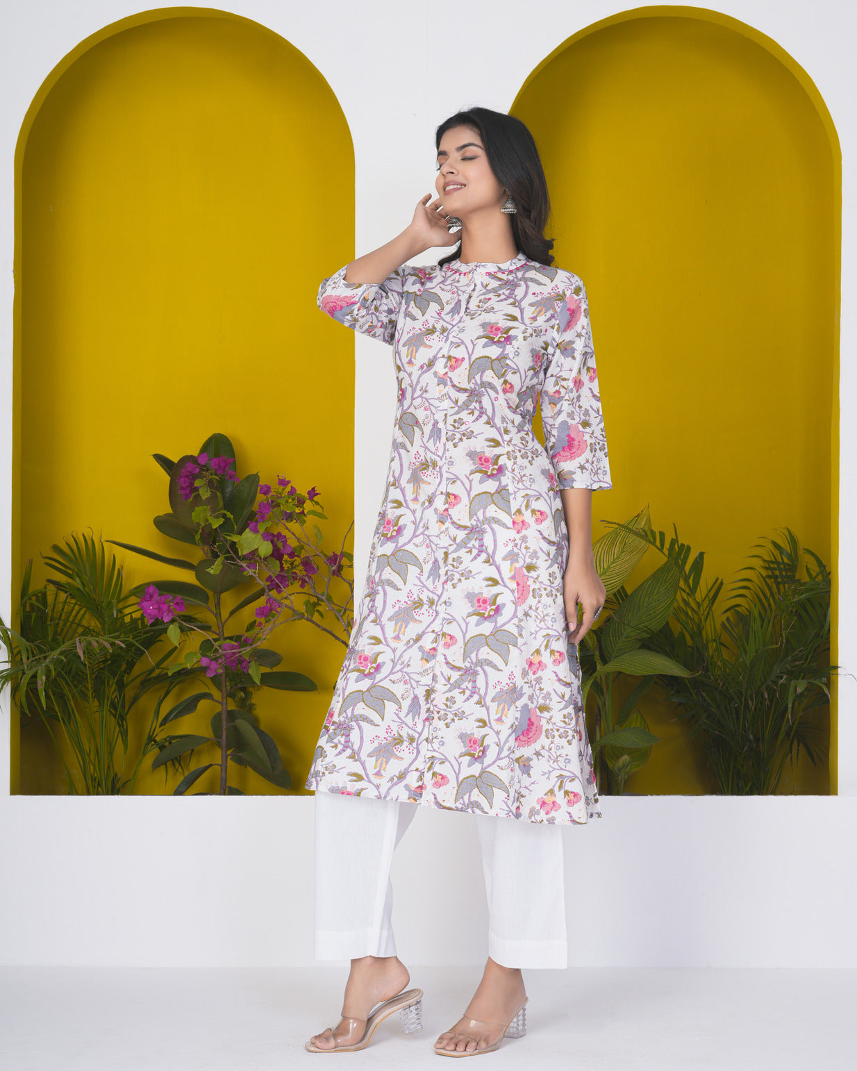 White With Floral Print Cotton Kurti