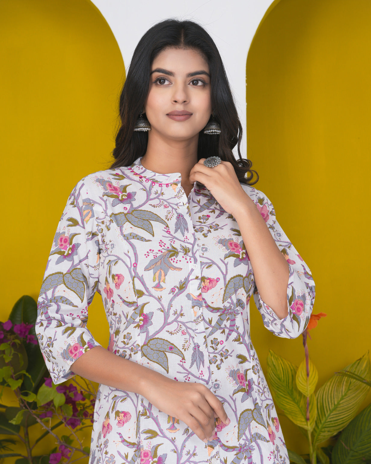 White With Floral Print Cotton Kurti