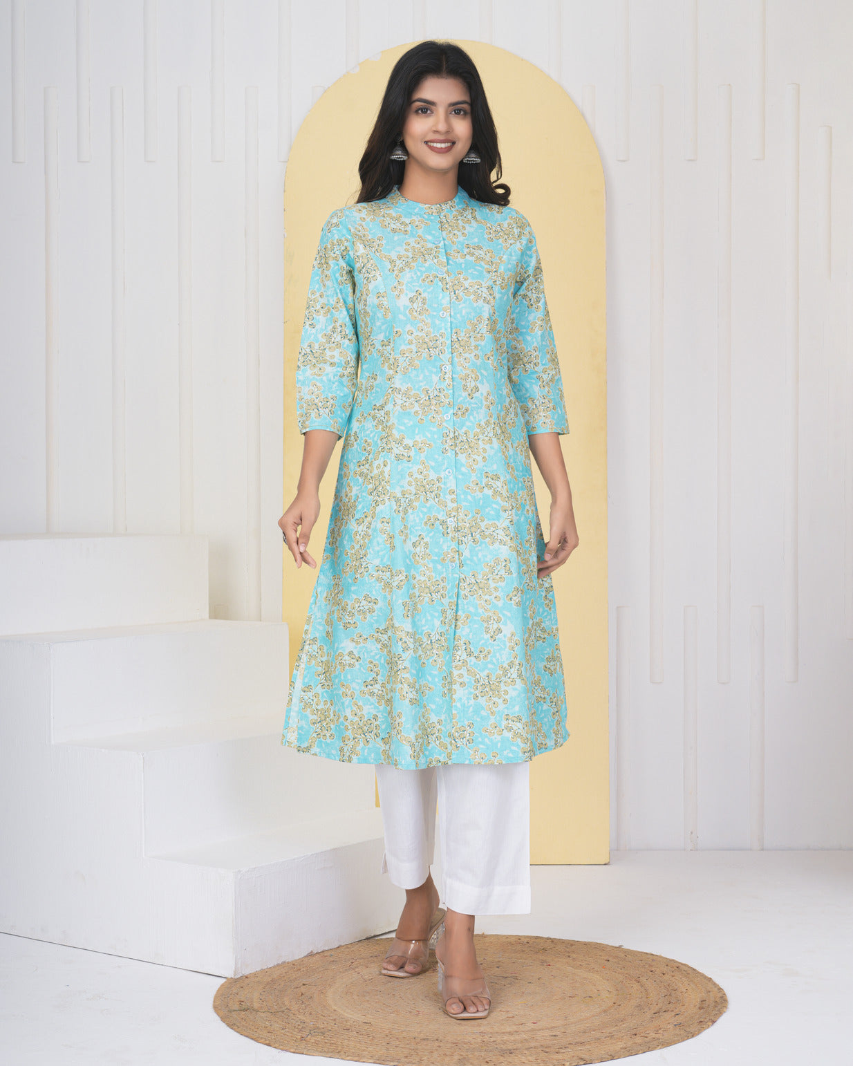 Sky Blue With Floral Printed Cotton Kurti