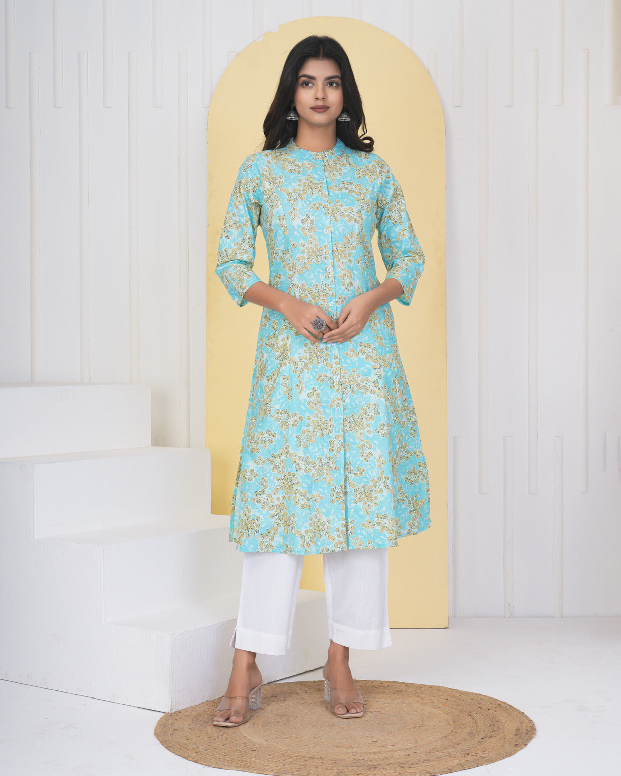 Sky Blue With Floral Printed Cotton Kurti