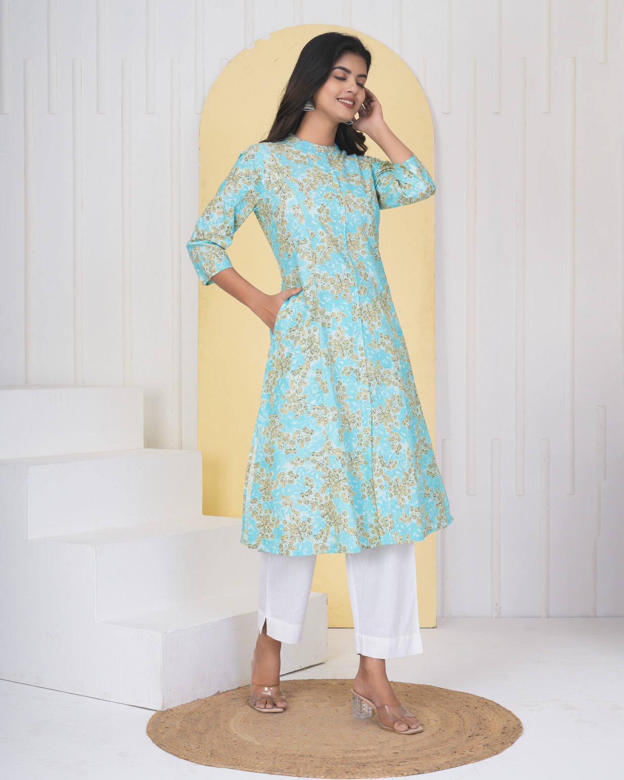 Sky Blue With Floral Printed Cotton Kurti