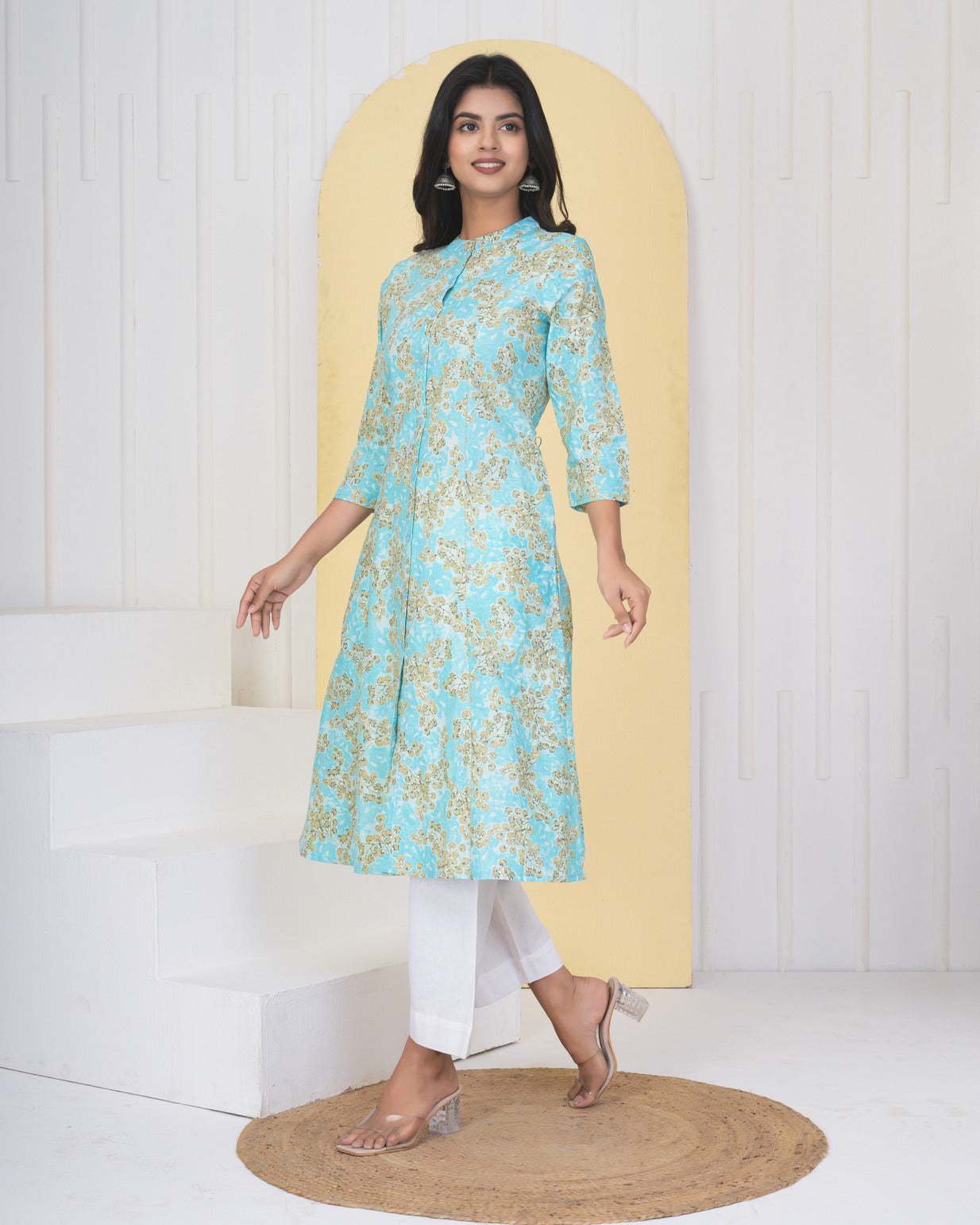 Sky Blue With Floral Printed Cotton Kurti