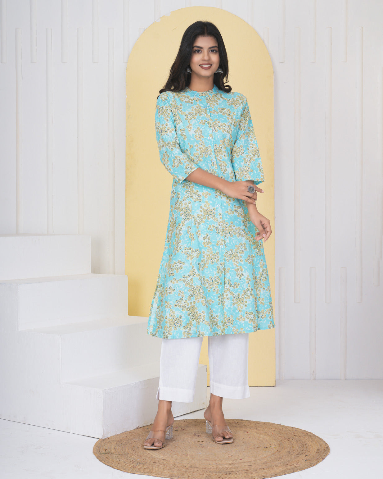 Sky Blue With Floral Printed Cotton Kurti