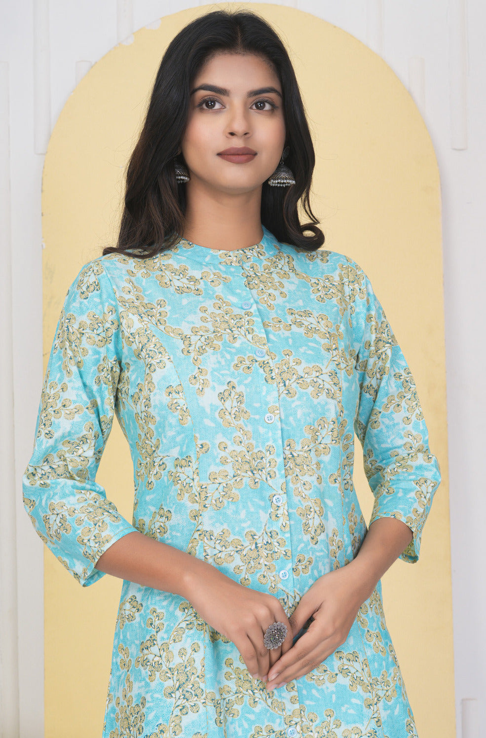 Sky Blue With Floral Printed Cotton Kurti