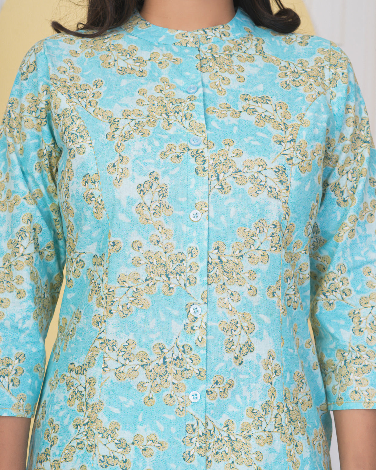 Sky Blue With Floral Printed Cotton Kurti