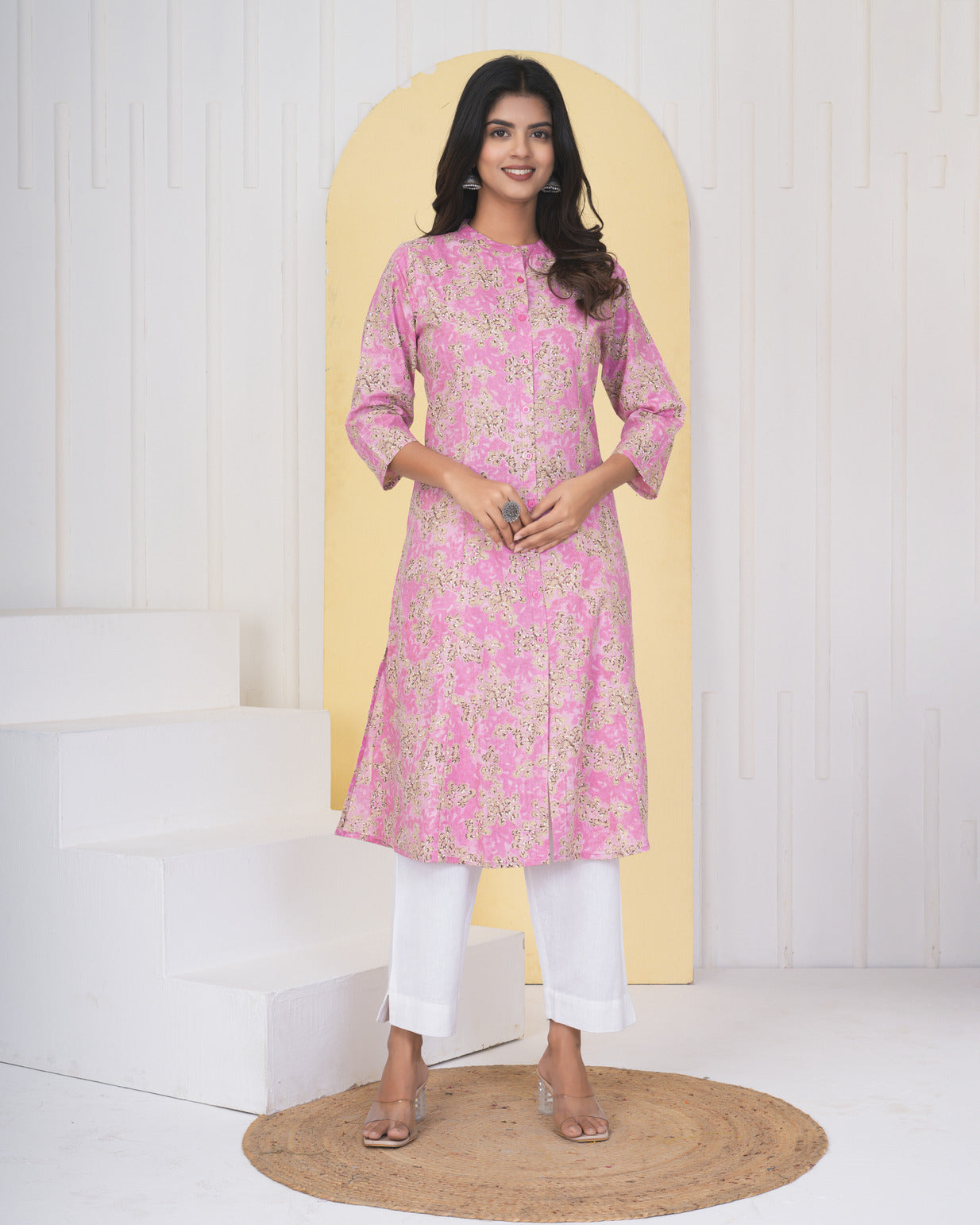 Pink With Floral Printed Cotton Kurti