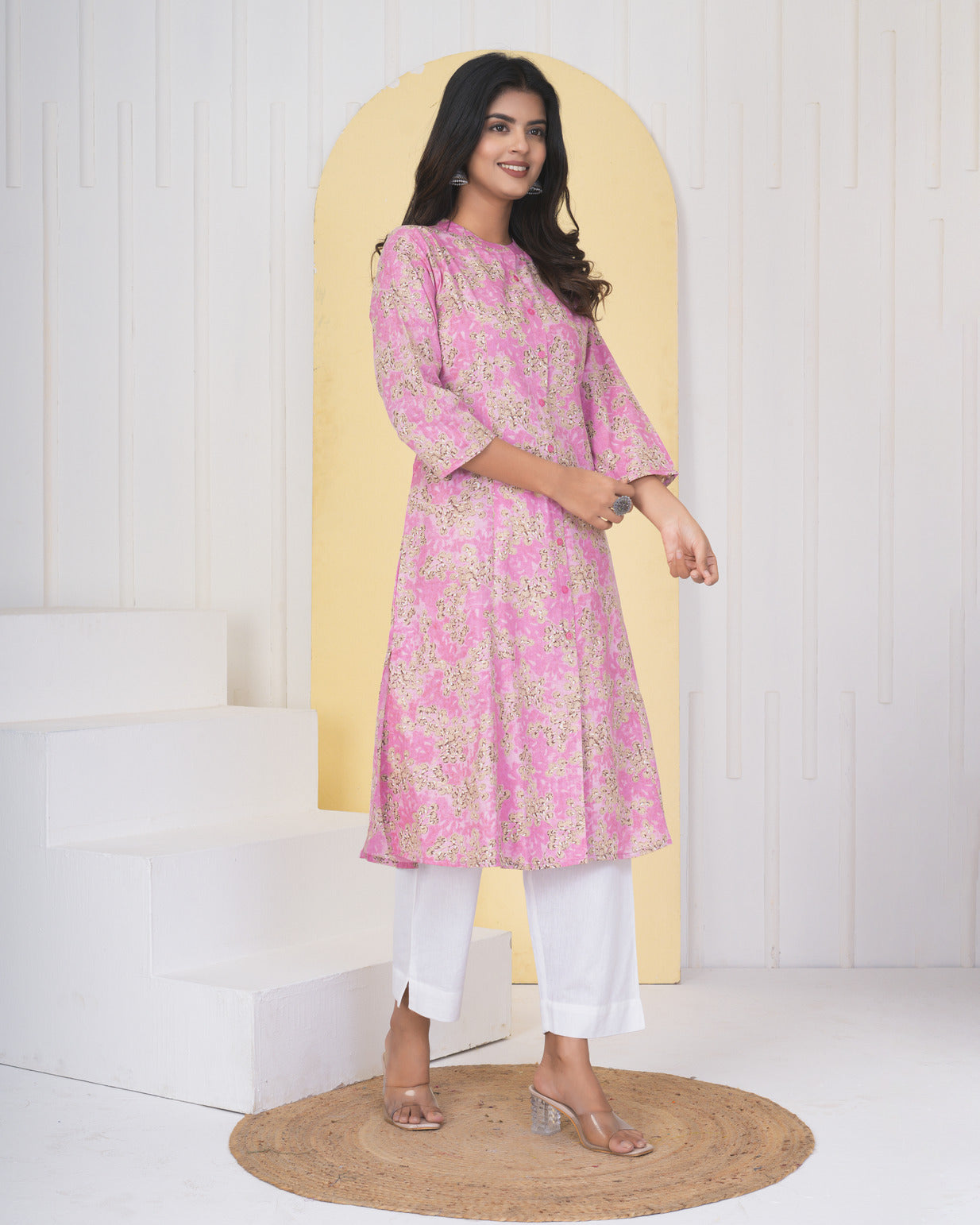 Pink With Floral Printed Cotton Kurti