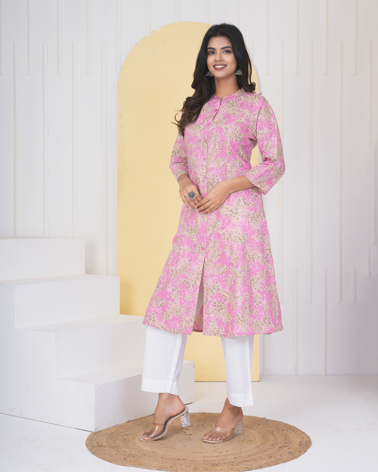 Pink With Floral Printed Cotton Kurti