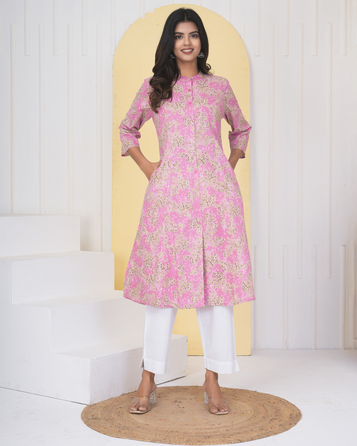 Pink With Floral Printed Cotton Kurti