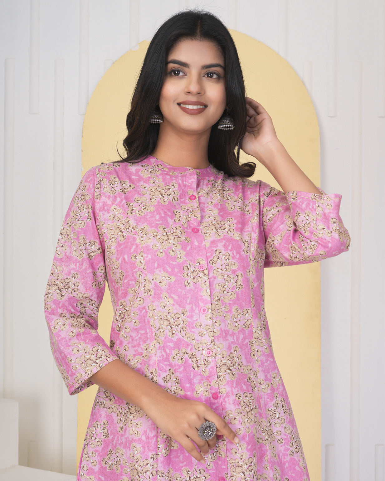 Pink With Floral Printed Cotton Kurti