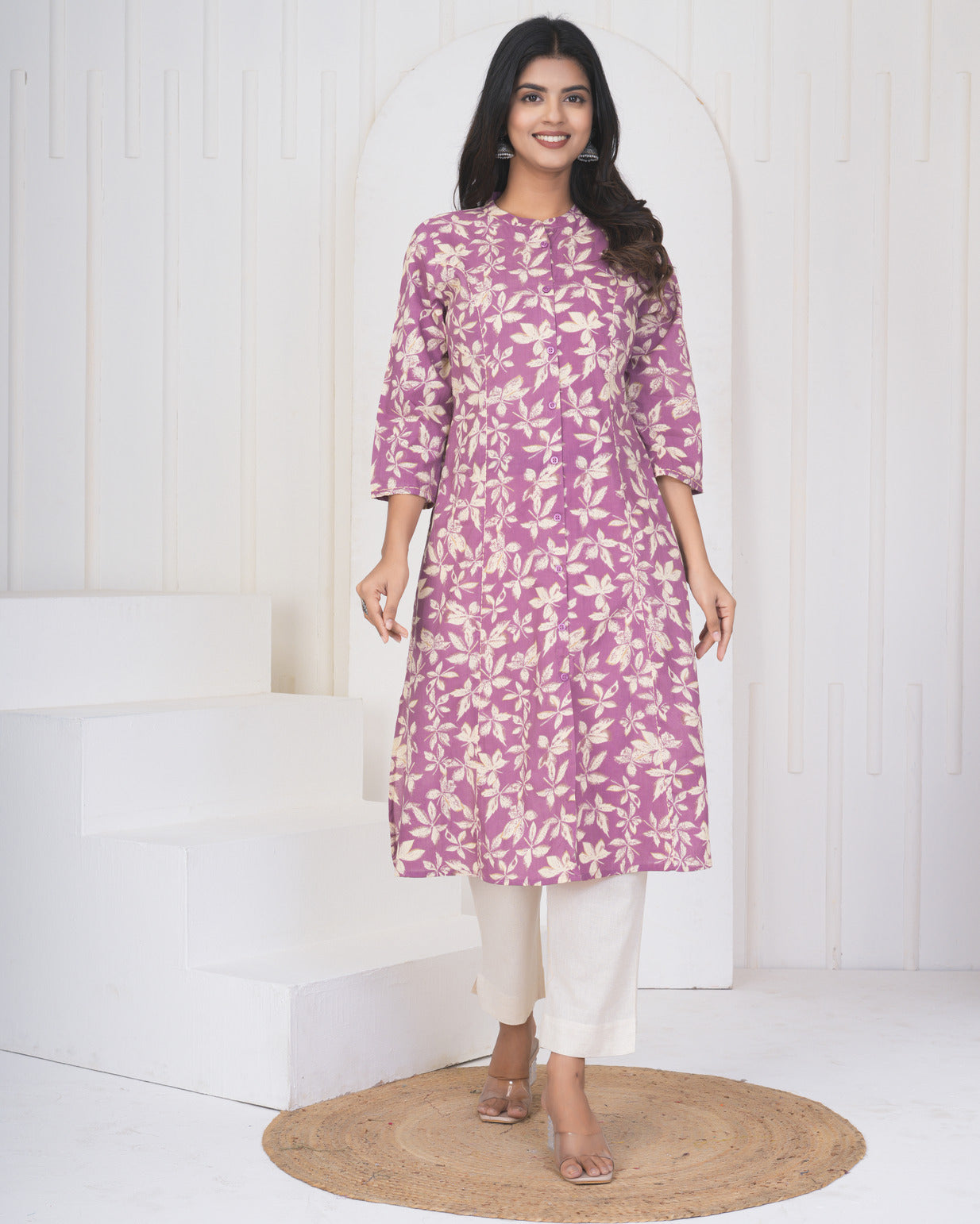 Onion With Cream Floral Print Cotton Kurti