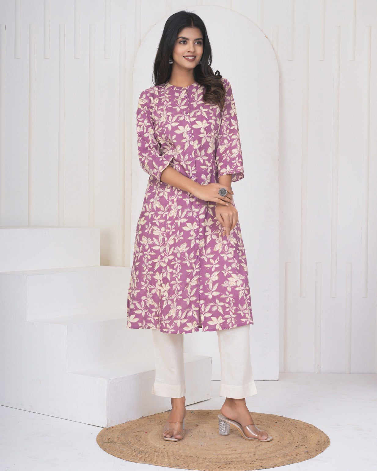 Onion With Cream Floral Print Cotton Kurti