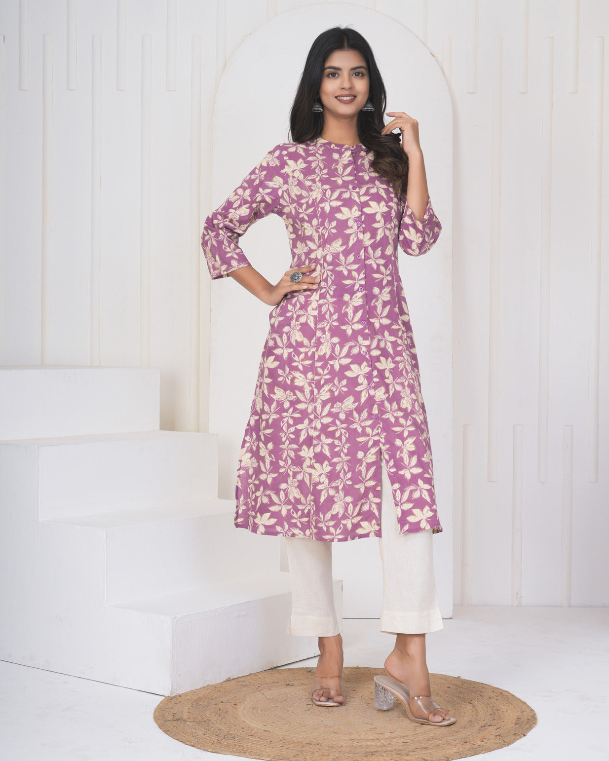 Onion With Cream Floral Print Cotton Kurti