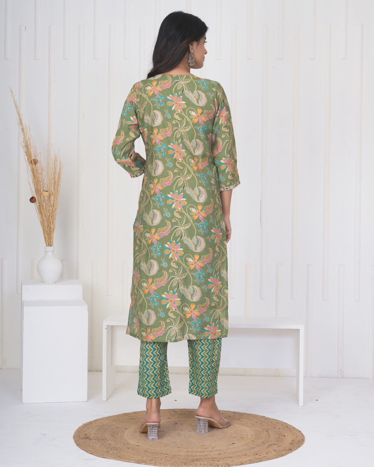 Green Floral Embroidered and Embellished Maslin Suit Set