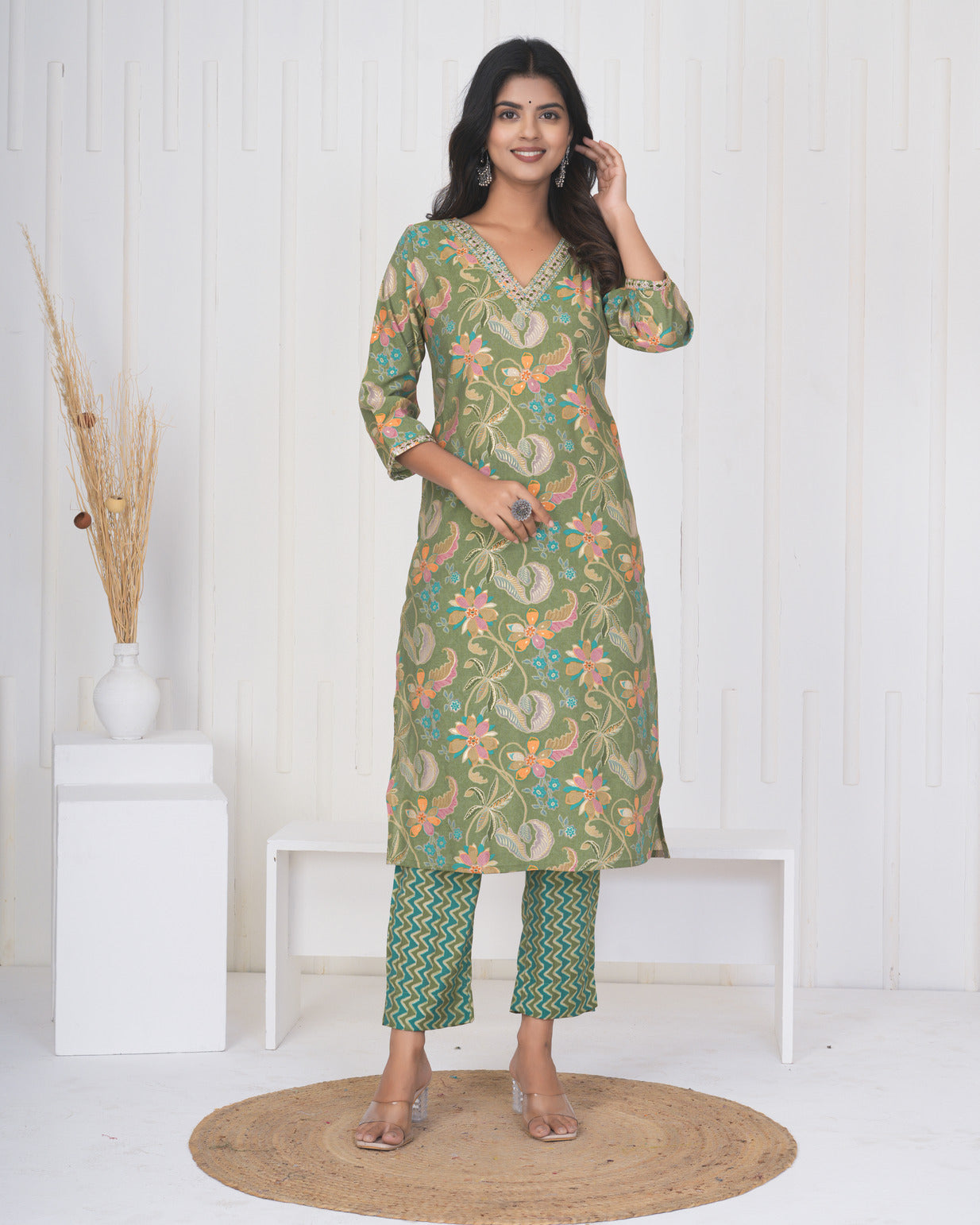 Green Floral Embroidered and Embellished Maslin Suit Set