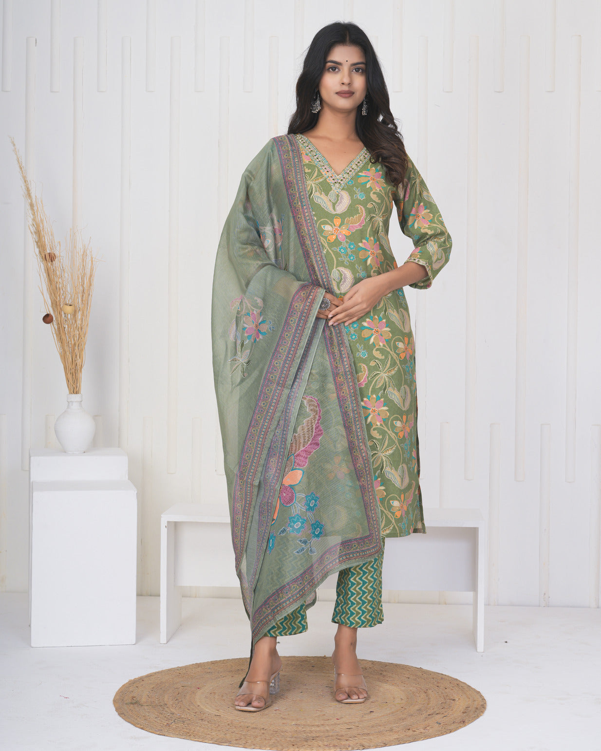 Green Floral Embroidered and Embellished Maslin Suit Set