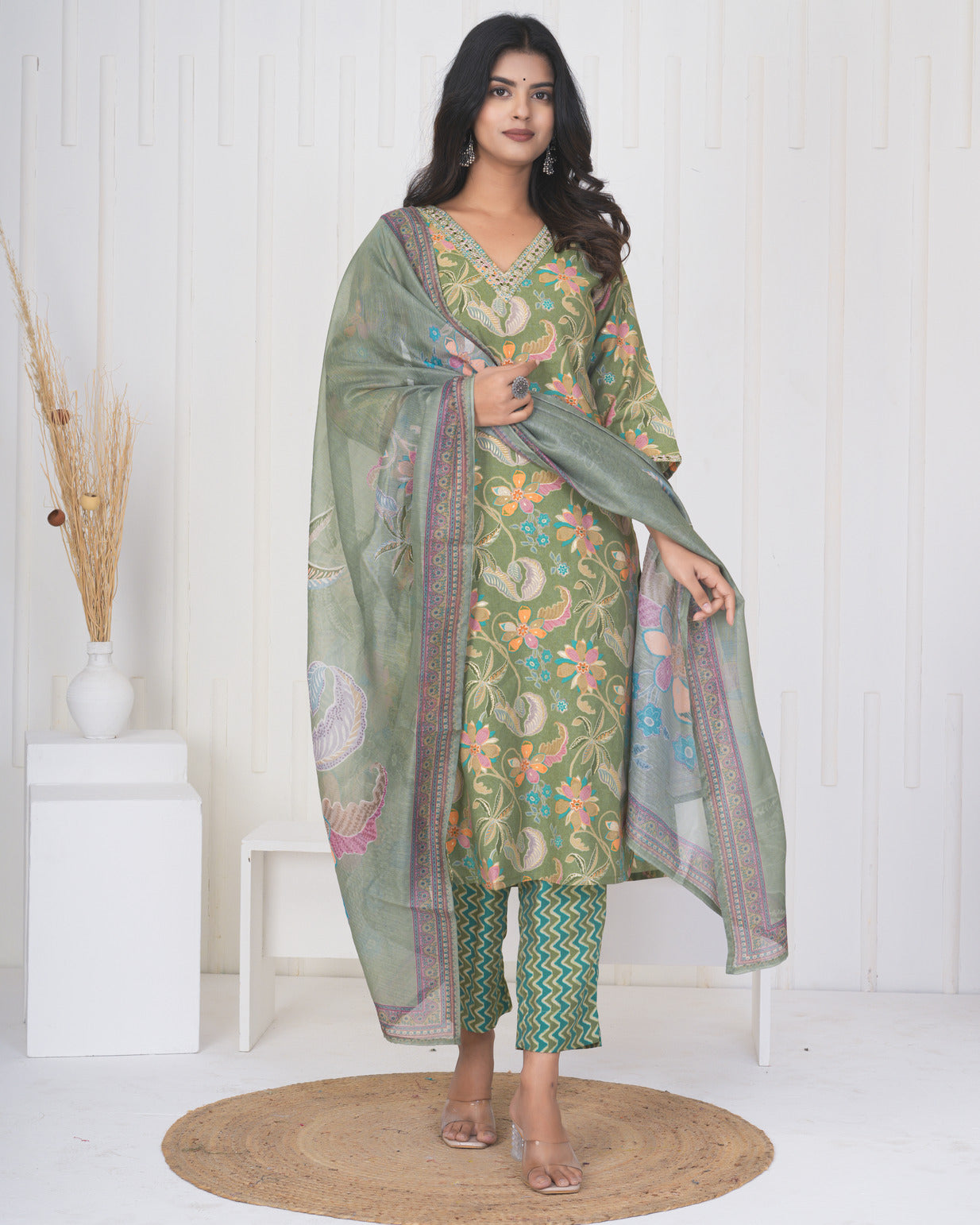 Green Floral Embroidered and Embellished Maslin Suit Set