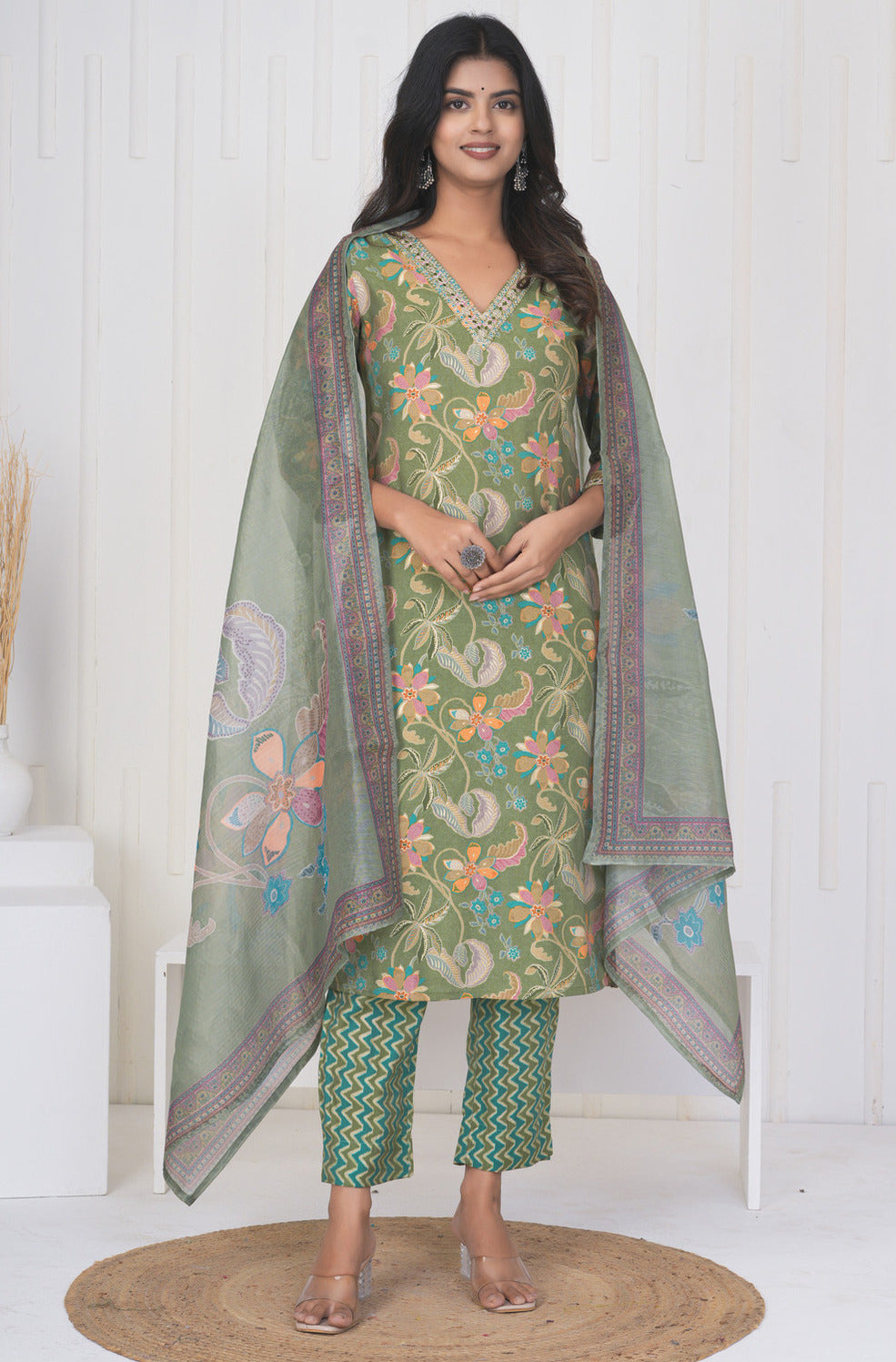 Green Floral Embroidered and Embellished Maslin Suit Set