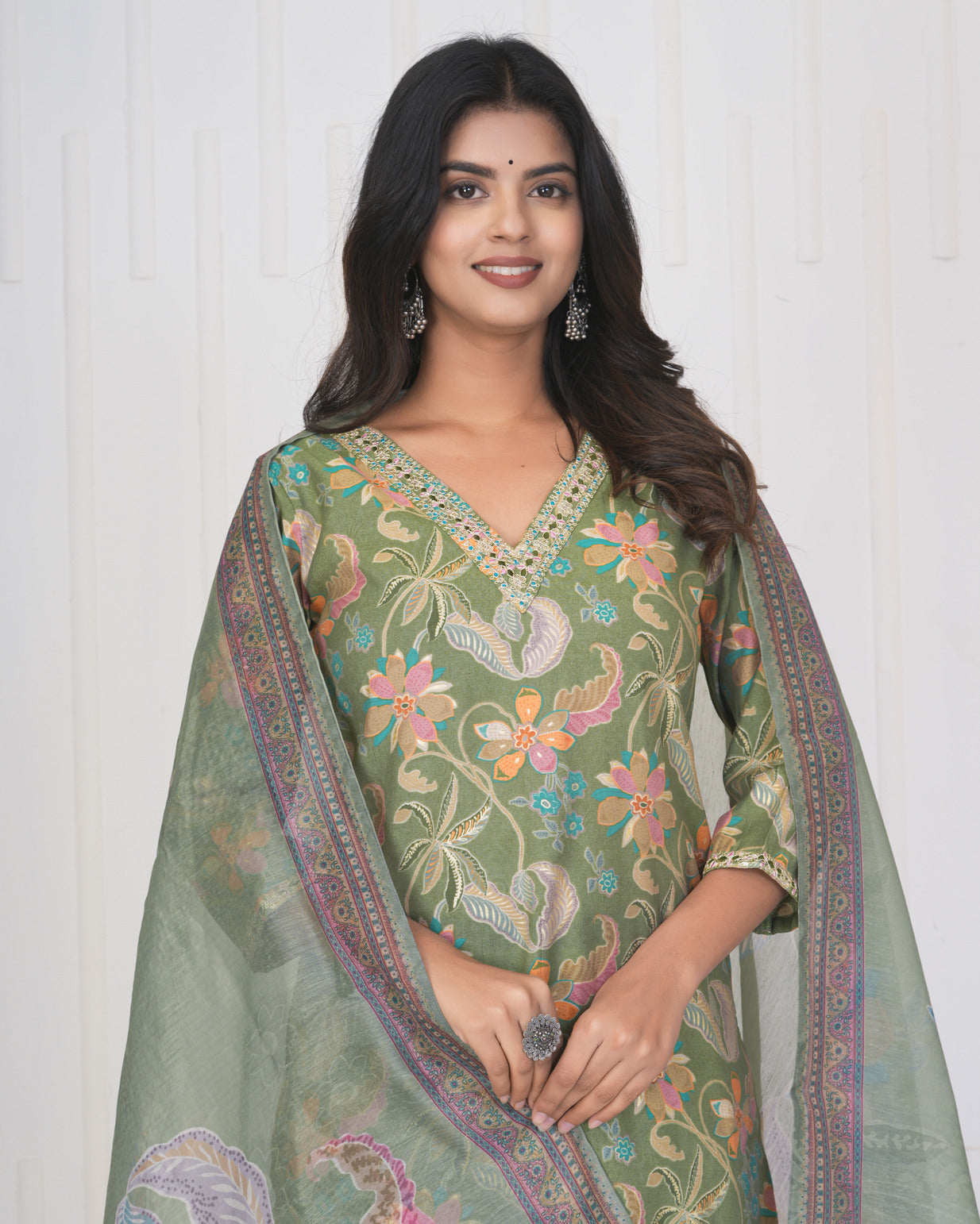 Green Floral Embroidered and Embellished Maslin Suit Set