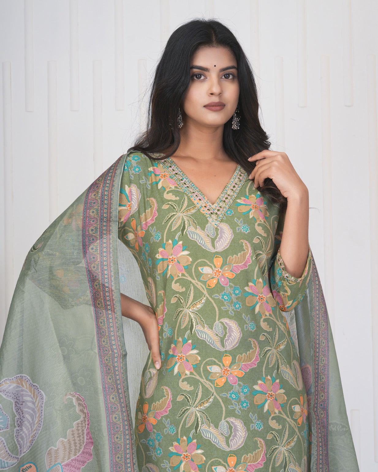 Green Floral Embroidered and Embellished Maslin Suit Set