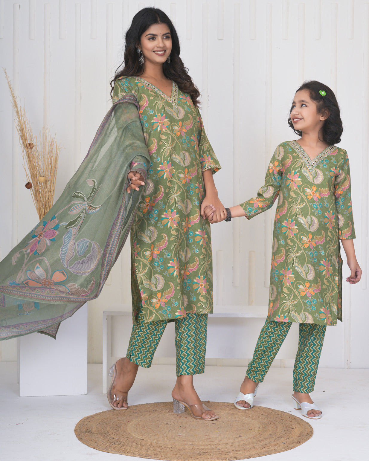 Green Floral Embroidered and Embellished Maslin Suit Set