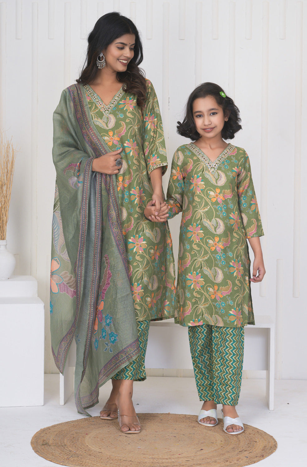 Green Floral Embroidered and Embellished Maslin Suit Set