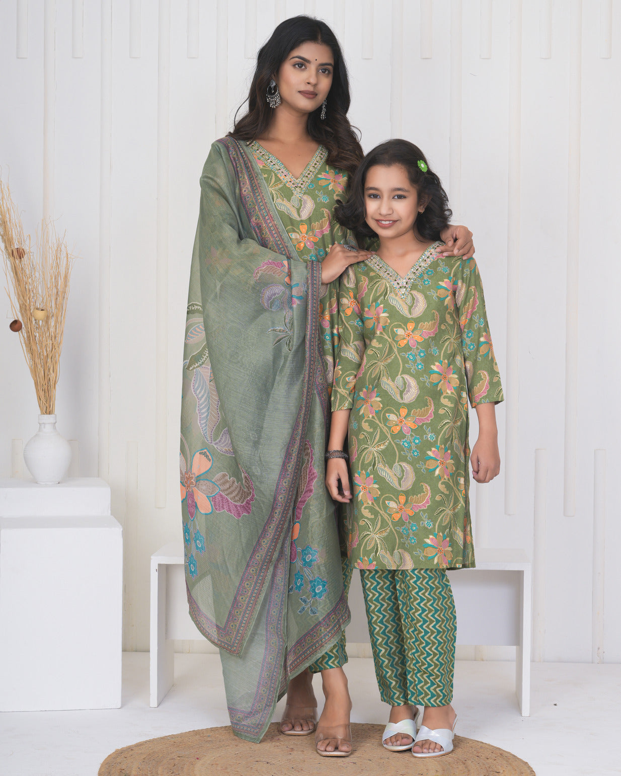 Green Floral Embroidered and Embellished Maslin Suit Set