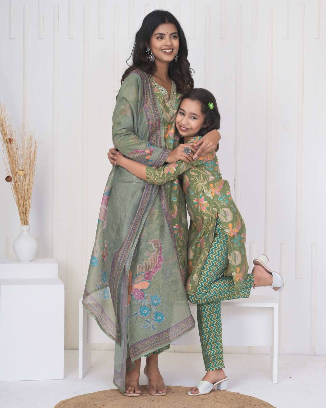 Green Floral Embroidered and Embellished Maslin Suit Set