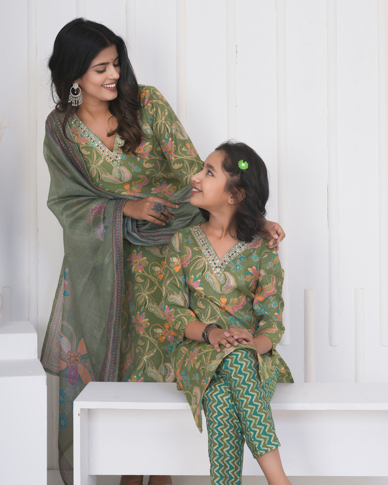 Green Floral Embroidered and Embellished Maslin Suit Set